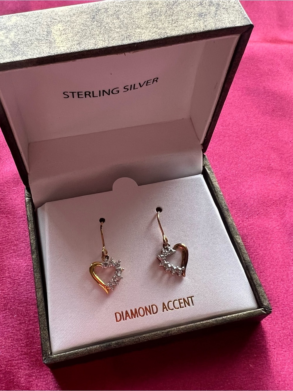 Sterling Silver Heart Drop Earrings with Diamond Accent - Gold & Silver